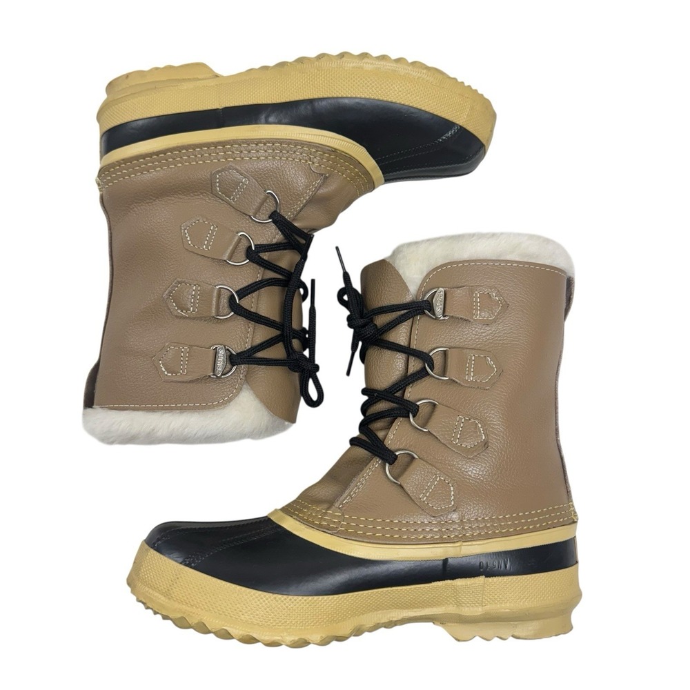 SOREL Women's Size 7 Manitou Tan/Blk Leather Snow Winter Boots Made in‎ CANADA